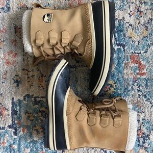 Navy Blue and Tan Sorel Waterproof Winter Boots